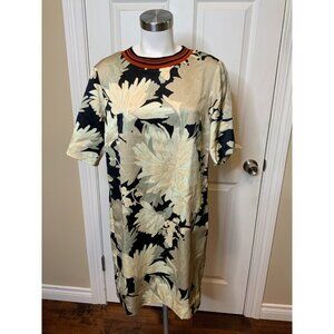 Dries Van Noten Black Tan Floral Short Sleeve Shift Dress, Size 8 | 40
